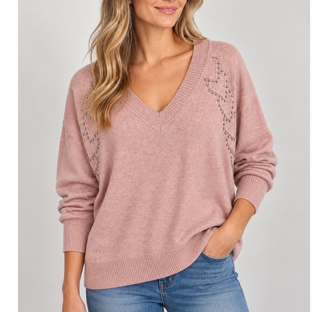 Express Women's Sweater Romantic Pink Embellished Rhinestone V-Neck Sz Large New